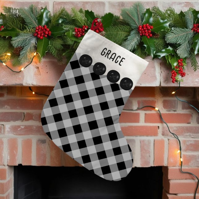 Calcetín Navideño Pequeño Navidades con manto de búfalo negro y blanco hacie (Add your name to this black and white buffalo plaid Christmas stocking)