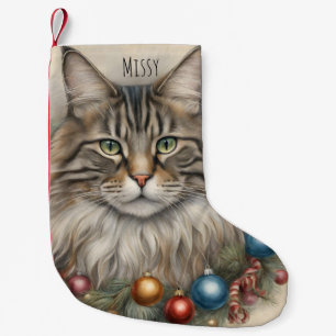 Calcetín Navideño Pequeño Navidades Cuadros Regalos Gatos Vintage Maine Coon