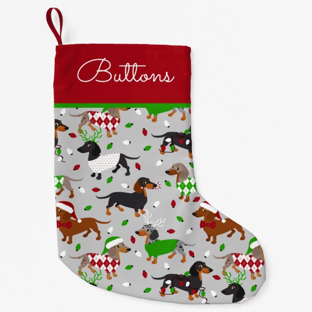 Calcetín Navideño Pequeño Navidades Dachshund All Coats Custom Name (Anverso)