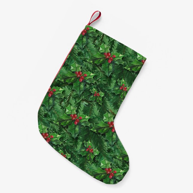 Calcetín Navideño Pequeño Navidades de acuarela Holly Berries (Frente (Colgado))