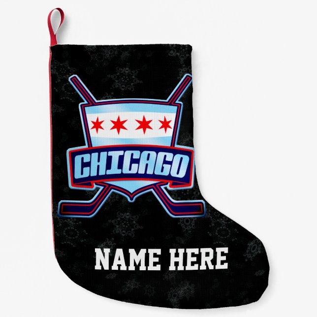 Calcetín Navideño Pequeño Navidades de Bandera de Hockey de Chicago, Persona (Anverso)