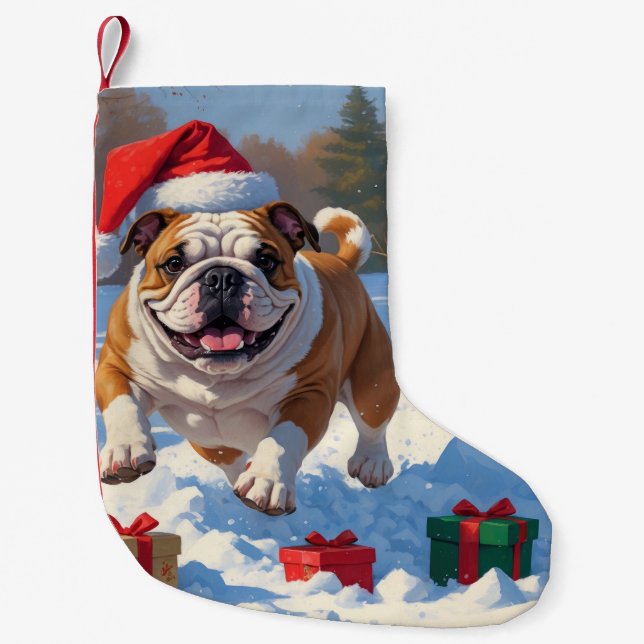 Calcetín Navideño Pequeño Navidades de bulldog celebran escena de nieve (Anverso)