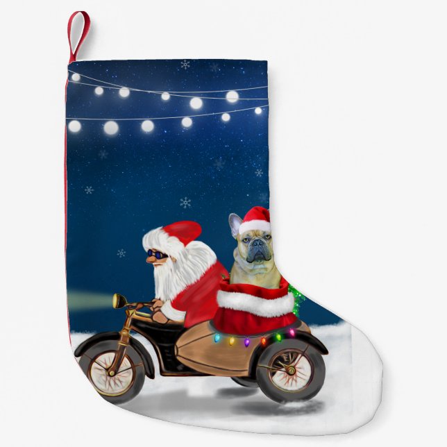 Calcetín Navideño Pequeño Navidades de Bulldog de Francia Santa Claus (Anverso)