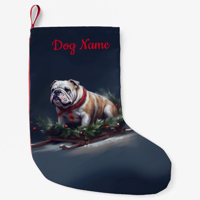 Calcetín Navideño Pequeño Navidades de Bulldog personalizados nevan invierno (Anverso)