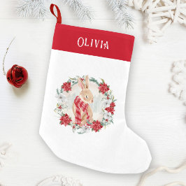 Calcetín Navideño Pequeño Navidades de Bunny Poinsettia Watercolor Name Chic