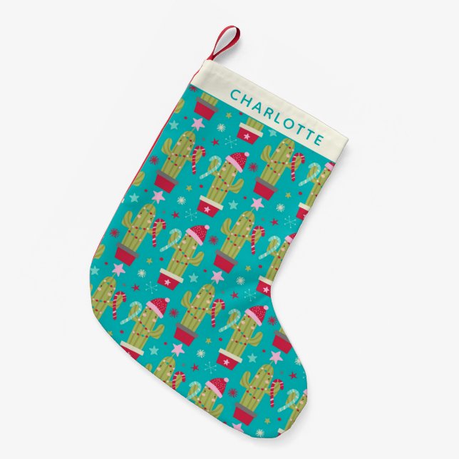 Calcetín Navideño Pequeño Navidades de Cute Kawaii Cactus Blue Personalizado (Frente (Colgado))