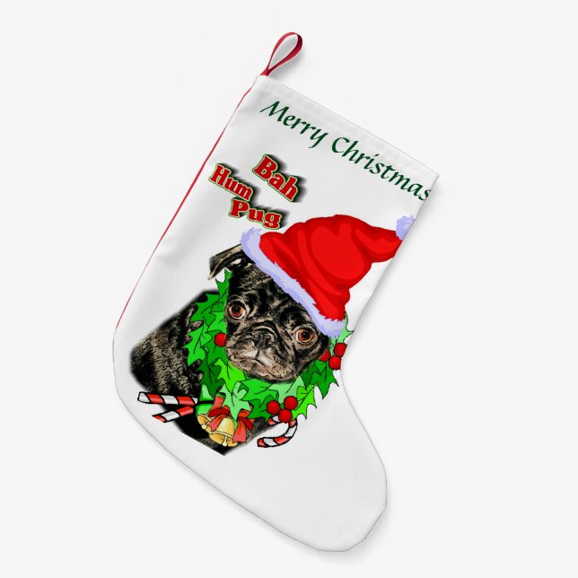 Calcetín Navideño Pequeño Navidades de Cute Pug (Frente (Colgado))