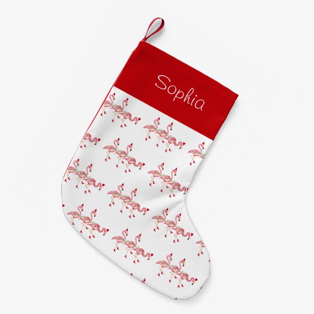 Calcetín Navideño Pequeño Navidades de Flamingos Monogramados descansando (Frente (Colgado))