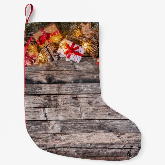 Calcetín Navideño Pequeño Navidades de fondo rústico, tablas de madera. (Anverso)