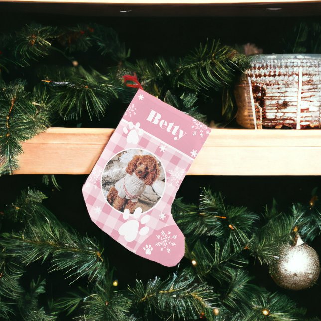 Calcetín Navideño Pequeño Navidades de fotografía graciosos y lindos perros  (Funny cute pink flannel dog pet photo Christmas Small Christmas Stocking)