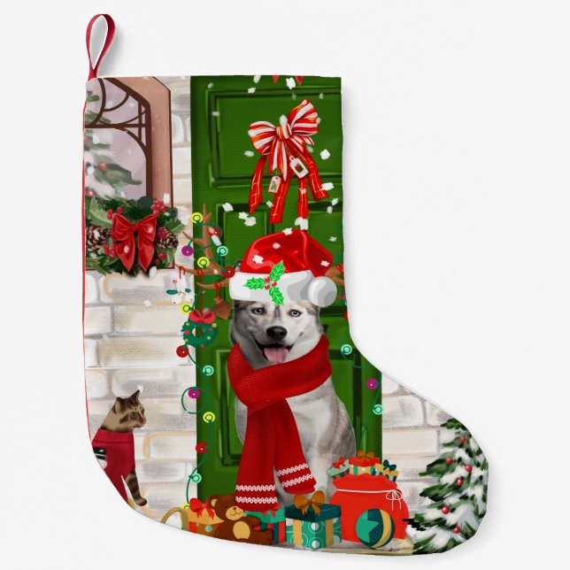 Calcetín Navideño Pequeño Navidades de Husky Dog Siberiano (Anverso)