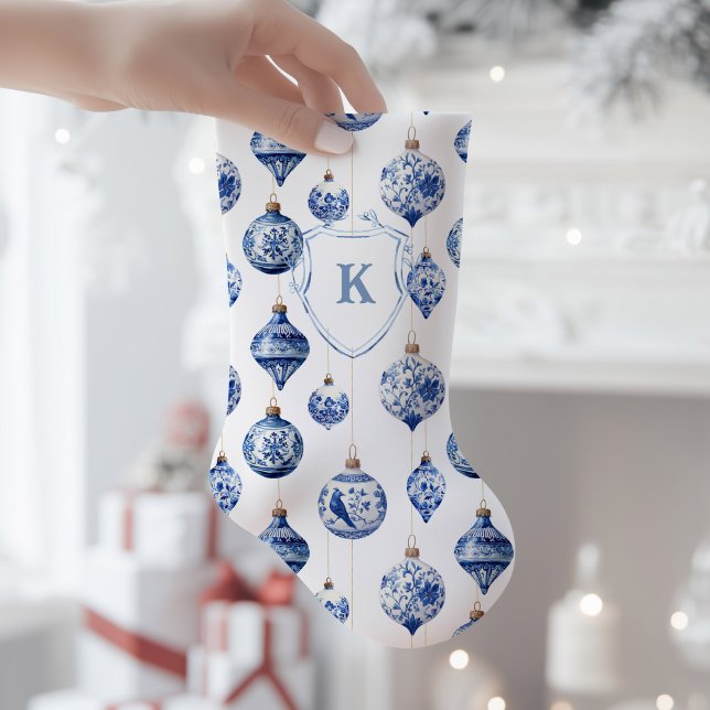 Calcetín Navideño Pequeño Navidades de la Chinoiserie Blue y White Ornaments (Monogrammed Chinoiserie Blue Ornament Christmas Stocking)