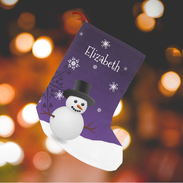 Calcetín Navideño Pequeño Navidades de la escena invernal Purple Snowman se  (Purple Snowman Winter Scene Christmas Stocking)