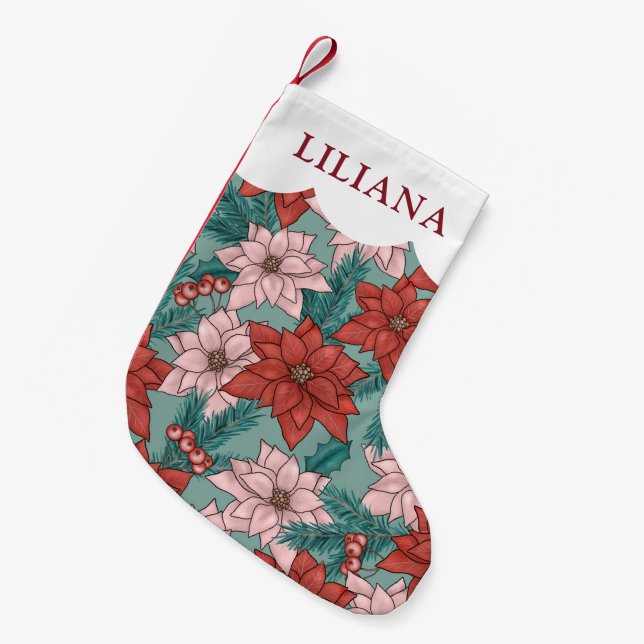 Calcetín Navideño Pequeño Navidades de las flores de Poinsettia en el Holida (Frente (Colgado))
