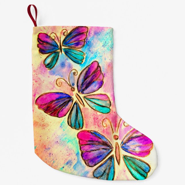 Calcetín Navideño Pequeño Navidades de mariposas rosadas moradas haciendo co (Anverso)