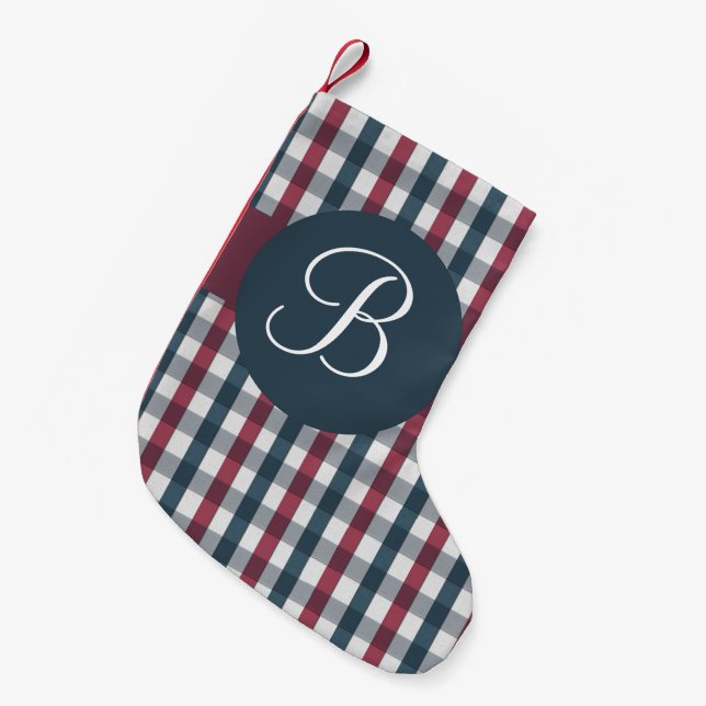 Calcetín Navideño Pequeño Navidades de monograma de caca azul rojo (Frente (Colgado))