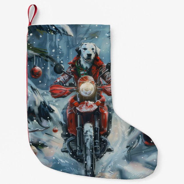 Calcetín Navideño Pequeño Navidades de motociclismo de perros de Dalmacia (Anverso)
