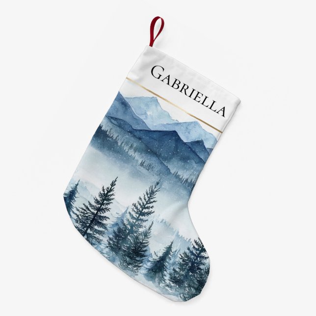 Calcetín Navideño Pequeño Navidades de Nieve Blanca Azul Pinos Árboles (Frente (Colgado))