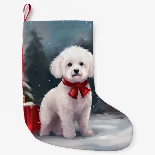 Calcetín Navideño Pequeño Navidades de Nieve de Bichon Frise Dog (Anverso)
