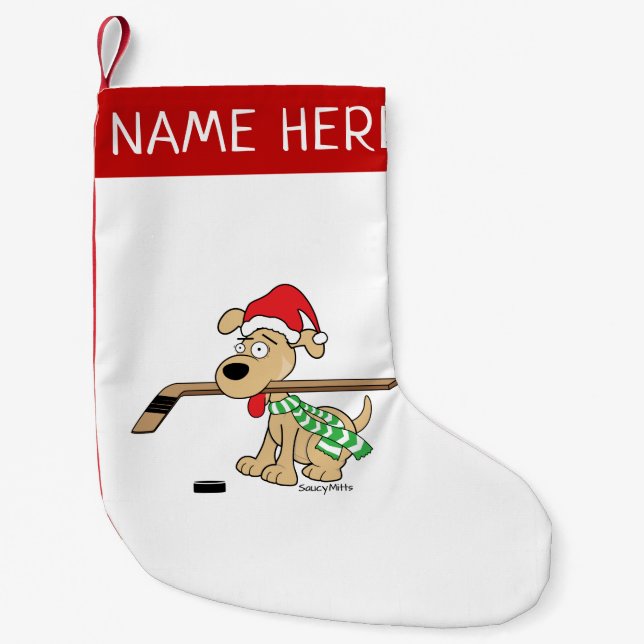 Calcetín Navideño Pequeño Navidades de perro de hockey personalizados hacien (Anverso)
