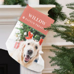 Calcetín Navideño Pequeño Navidades de perro foto moderna<br><div class="desc">Navidades modernos llenando tu foto favorita de tu bebé de piel,  el nombre de "Santa's Treat" en letras serif modernas que colocan el fondo rojo festivo.</div>