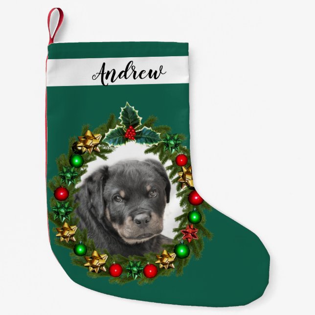 Calcetín Navideño Pequeño Navidades de perro Rottweiler Vacaciones (Anverso)