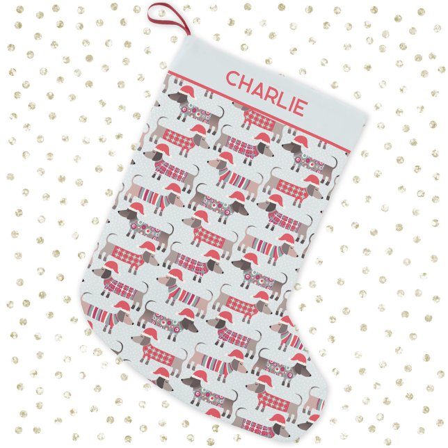 Calcetín Navideño Pequeño Navidades de perros Dachshund Sausage Gorras perso (Fun dachshund wiener sausage dogs in Santa Hats pattern personalized Christmas stocking)