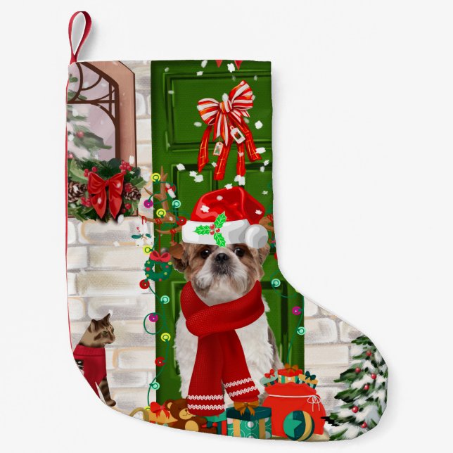 Calcetín Navideño Pequeño Navidades de perros Shih Tzu (Anverso)