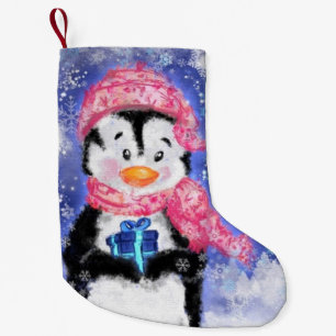 Calcetín Navideño Pequeño Navidades de pingüino haciendo cola