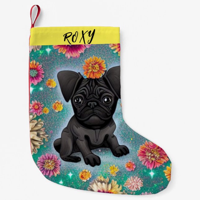 Calcetín Navideño Pequeño Navidades de Pug Negro parados con su nombre. (Anverso)