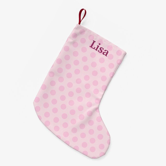 Calcetín Navideño Pequeño Navidades de puntos de polka rosado personalizados (Frente (Colgado))