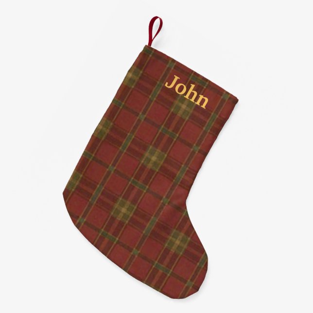 Calcetín Navideño Pequeño Navidades de Red Plaid personalizados descansando (Frente (Colgado))