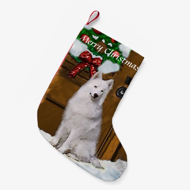Calcetín Navideño Pequeño Navidades de Samoyed (Frente (Colgado))