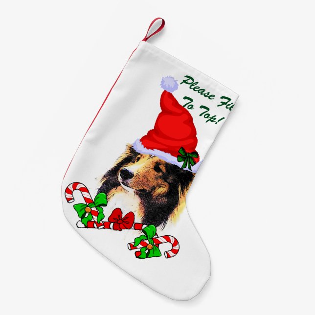 Calcetín Navideño Pequeño Navidades de Shetland Sheepdog (Frente (Colgado))