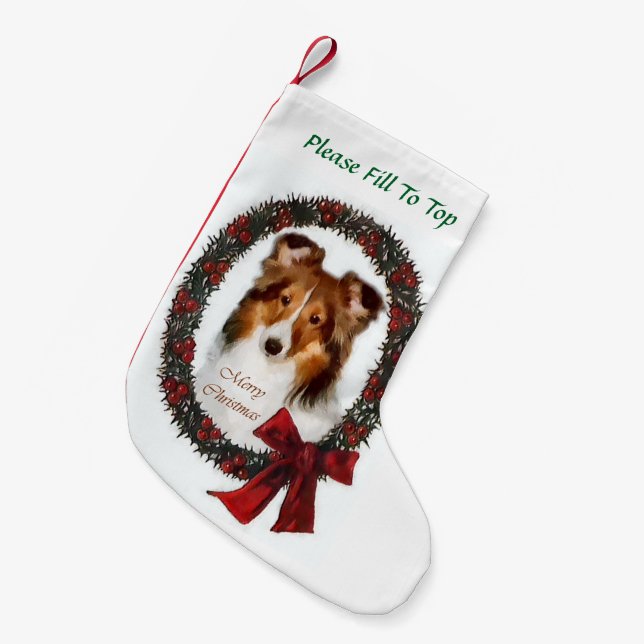 Calcetín Navideño Pequeño Navidades de Shetland Sheepdog Wreath (Frente (Colgado))