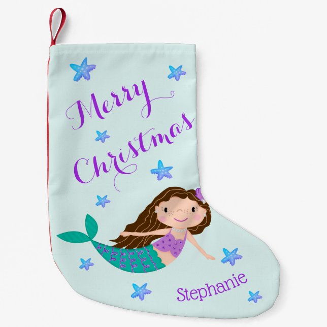 Calcetín Navideño Pequeño Navidades de sirenas Purpurina morado personalizad (Anverso)