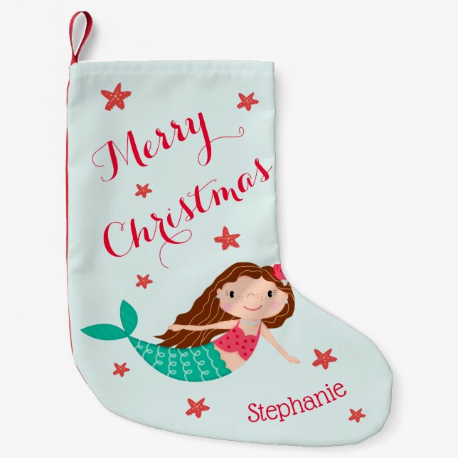 Calcetín Navideño Pequeño Navidades de Sirenas Red Aqua Personalizada (Anverso)