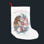 Calcetín Navideño Pequeño Navidades de snowman acuarela elegante<br><div class="desc">El diseño de Navidades personalizados para caballos y hombres de nieve con elegantes Navidades corona y hermoso adorno blanco y rojo para los amantes del caballo.</div>