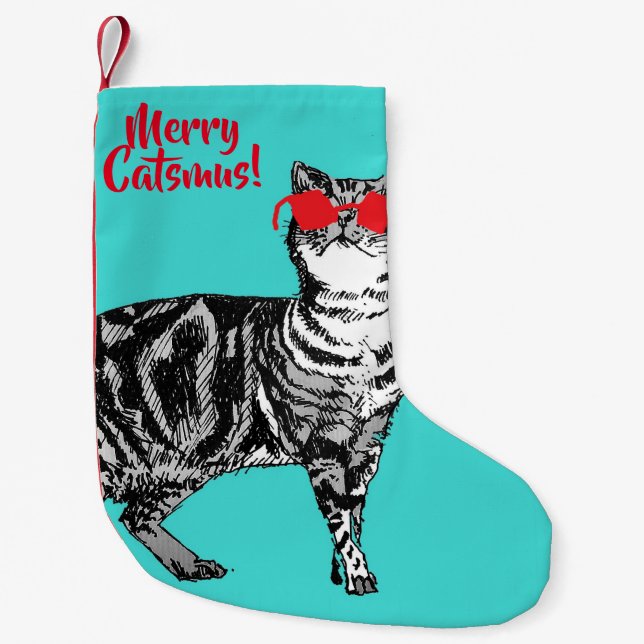 Calcetín Navideño Pequeño Navidades de Tabby Cat Merry Catsmus Aqua (Anverso)