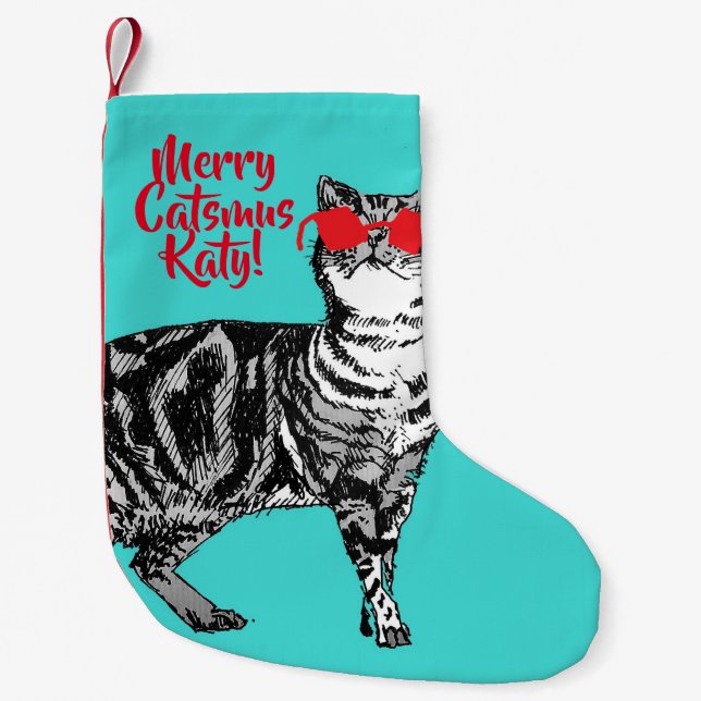 Calcetín Navideño Pequeño Navidades de Tabby Cat Merry Catsmus Aqua (Anverso)