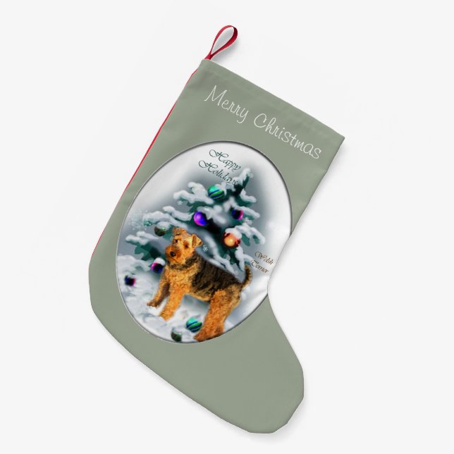 Calcetín Navideño Pequeño Navidades de Welsh Terrier (Frente (Colgado))