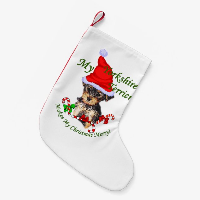 Calcetín Navideño Pequeño Navidades de Yorkshire Terrier (Frente (Colgado))