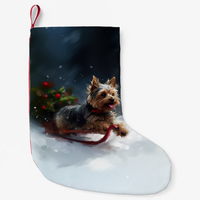 Calcetín Navideño Pequeño Navidades de Yorkshire Terrier en invierno (Anverso)