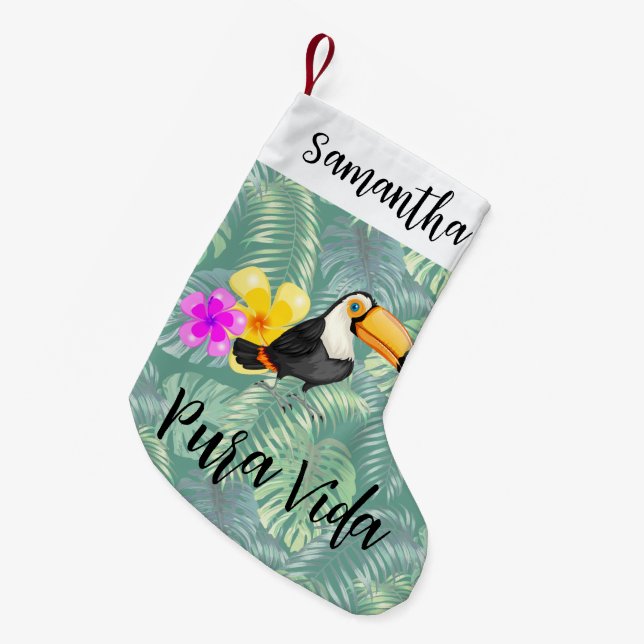 Calcetín Navideño Pequeño Navidades del Toucan Tropical Pura Vida Resistiénd (Frente (Colgado))