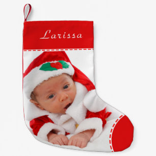 Calcetín Navideño Pequeño Navidades del trineo rojo con nombre fotográfico