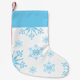 Calcetín Navideño Pequeño Navidades descansando con copos de nieve azules.