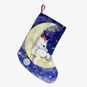 Calcetín Navideño Pequeño Navidades descansando con un pequeño oso soñador