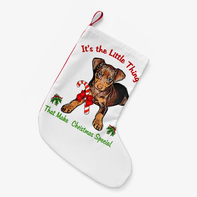 Calcetín Navideño Pequeño Navidades en miniatura de Pinscher (Frente (Colgado))