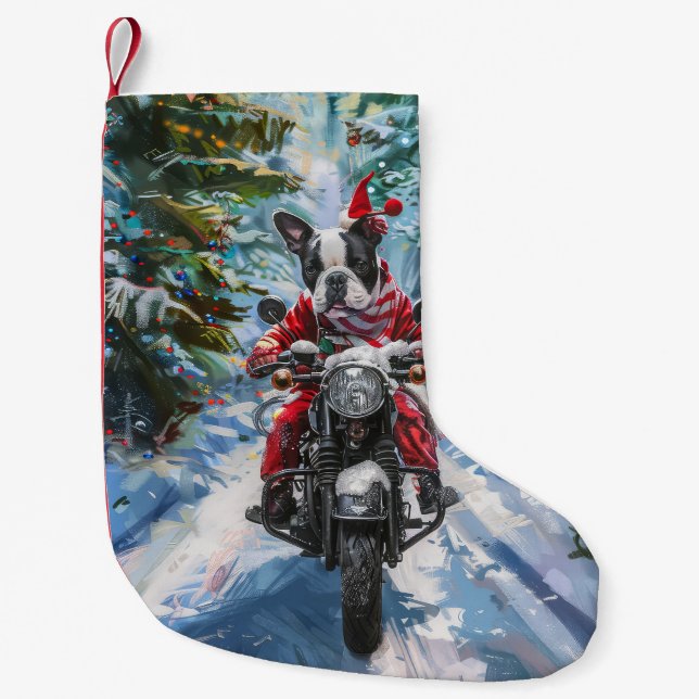 Calcetín Navideño Pequeño Navidades en motocicleta de Boston Terrier Dog Rid (Anverso)