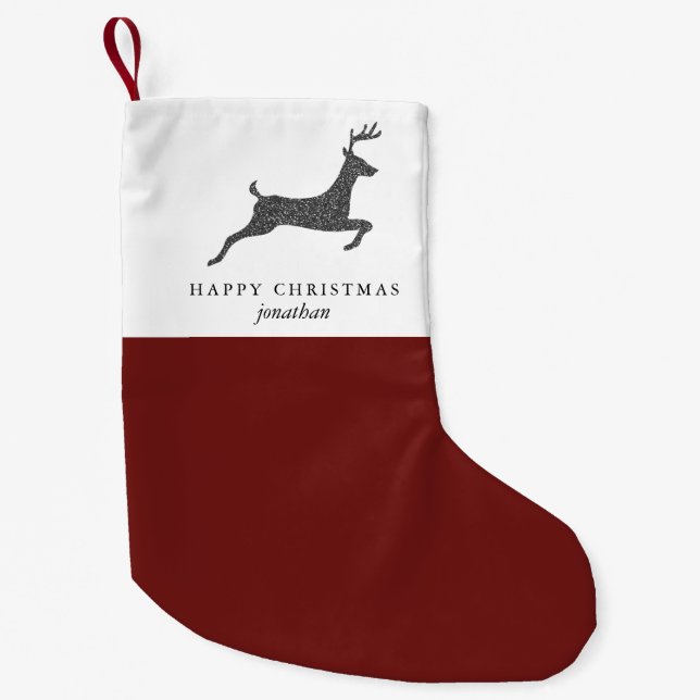 Calcetín Navideño Pequeño Navidades felices venado elegante con nombre rojo (Anverso)